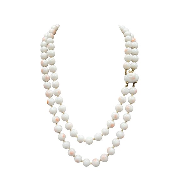 Signed TRIFARI Faux Angel Skin Coral Necklace Glass Beads Hand Knotted Strand - Picture 1 of 13